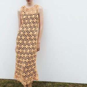 ZARA LONG FLORAL Orange  KNIT DRESS Sz S